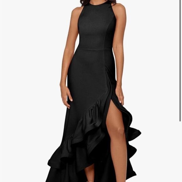 Betsy & Adam A22845  "ARIELLE" SCUBA CREPE RUFFLE SLIT GOWN size 12 - Picture 3 of 8